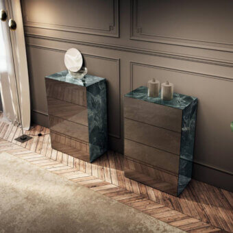 Distinguished Lago Materia Vertical dresser crafted in wood with marble-printed XGlass and dark green, gray accents for a contemporary finish