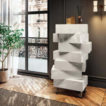 Superior Lago Morgana dresser crafted in Italy with rotating stacked drawers and a glossy white geometric form