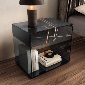 Superior Lago UpGlass nightstand with transparent tempered glass and dark XGlass top exhibiting gold veining in sleek 45° finish