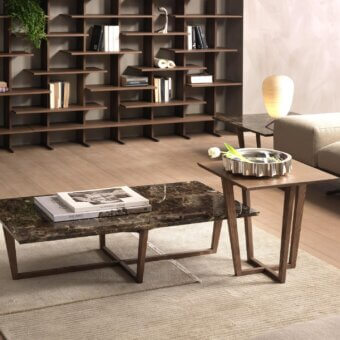 Superior Pacini & Cappellini City coffee table with marbled brown veneered wood and matte brown solid wood base