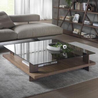 Elegant Pacini & Cappellini Corallo coffee table with transparent tempered glass and veneered ash lower shelf in dark brown finish