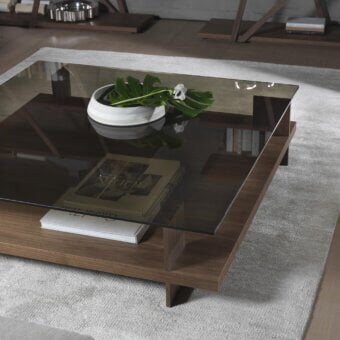 Superior Pacini & Cappellini Corallo coffee table with tempered glass and veneered ash lower shelf in medium brown