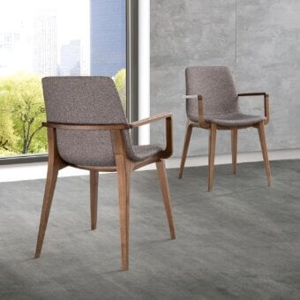 Exceptional Pacini & Cappellini Ellen chair with curved, padded shell upholstered in textured gray and brown fabric and light brown wood finish