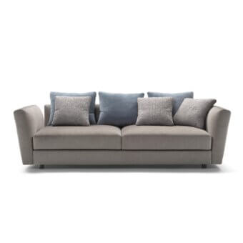 Distinguished Pacini & Cappellini Ester sofa upholstered in light gray-brown textile with rounded armrests and dark wooden feet
