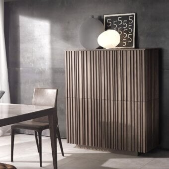 Distinguished Pacini & Cappellini Line cupboard crafted in veneered and solid wood with clear glass shelves and matte medium-brown finish