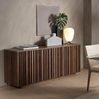 Distinctive Pacini & Cappellini Line sideboard crafted with textured wooden doors and veneered wood, exhibiting a medium brown finish