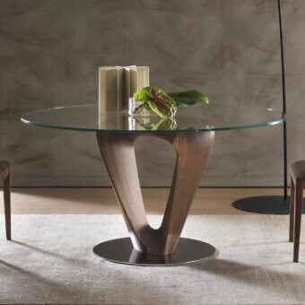 Elegant Pacini & Cappellini Mobius table with transparent tempered glass and a smooth medium-brown wood base crafted in Italy