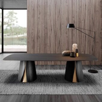 Exceptional Pacini & Cappellini Shell table crafted in wood with gold-colored metal details and a dark matte finish