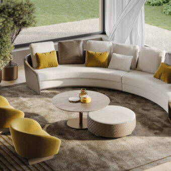 Exceptional Reflex Stratum sectional upholstered in light cream textile with medium brown sides and mustard yellow cushions