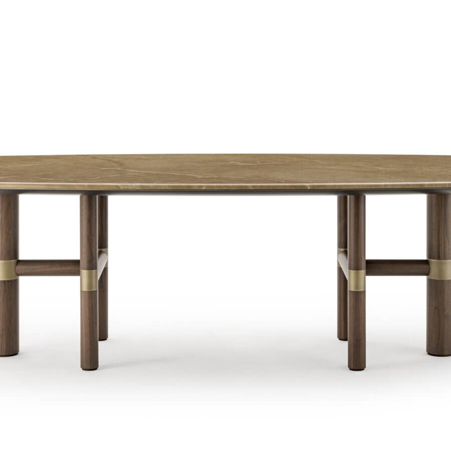 Superior Turri Atelier table with cylindrical walnut legs and brass inlays in a dark brown finish