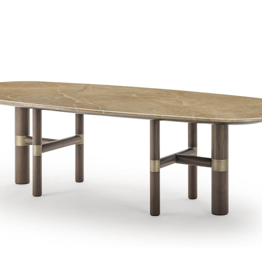Elegant Turri Atelier table with walnut wood construction and beige stone-like tabletop with brown veining in brass metal inlays
