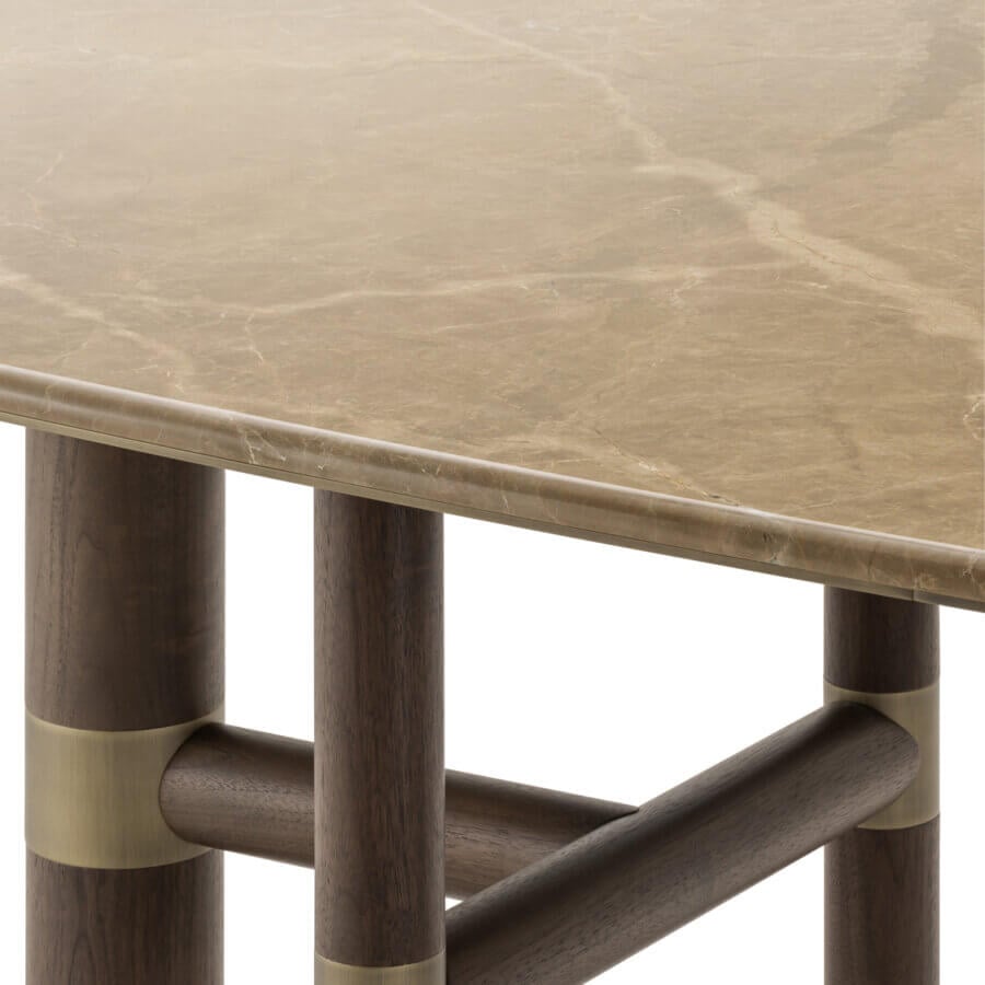 Superior Turri Atelier table crafted with walnut wood, brass inlays and a marble-like finished rectangular top