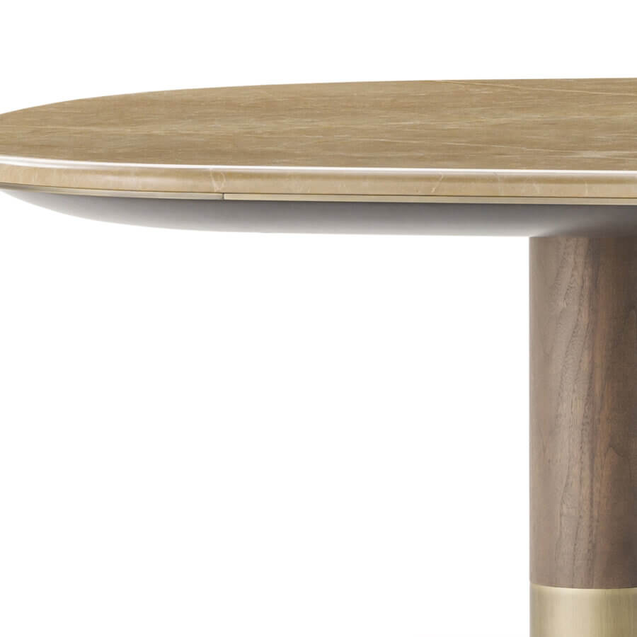 Exceptional Turri Atelier table crafted with cylindrical walnut legs, brass inlays and a light brown marble-like tabletop