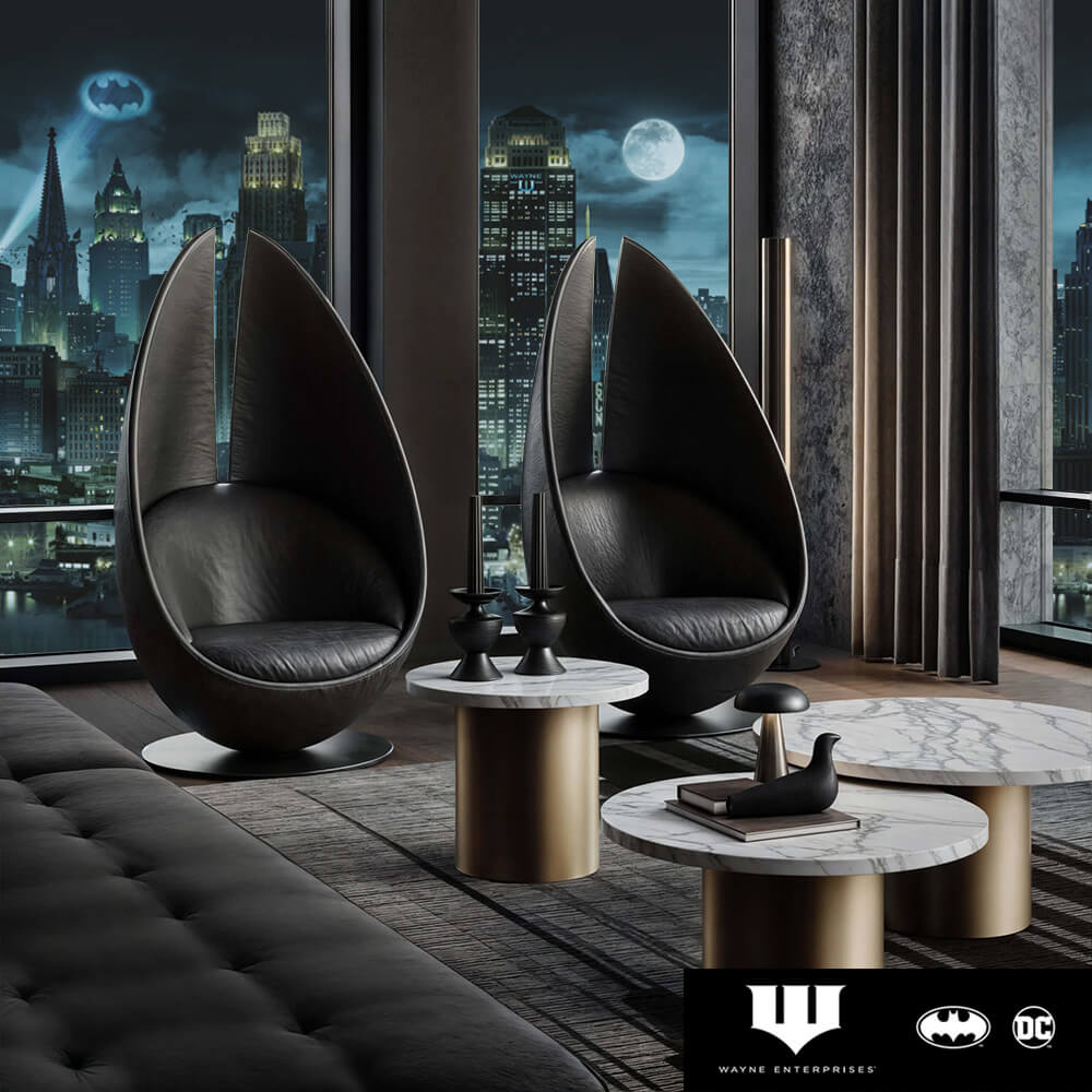 Leather pod armchairs with circular bases face marble-top nesting tables, a black sculpture, and Gotham city night view.