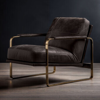 Distinguished WAYNE Enterprises WE-016 lounge chair in dark brown leather with matte finish and glossy golden metal frame
