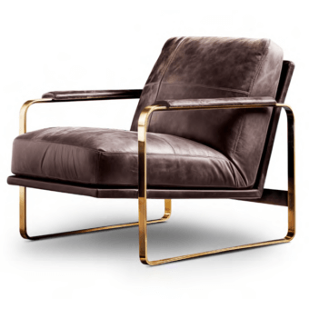 Superior WAYNE Enterprises WE-016 lounge chair in dark brown leather with glossy gold-colored metal frame crafted in Italy