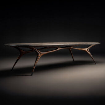 Distinguished WAYNE Enterprises WE-020 table with organic curvature in gray marble and dark brown stained wood, lacquered undertop