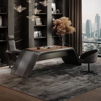 Distinguished WAYNE Enterprises WE-024 desk with dark gray leather upholstery and warm brown wood veneer