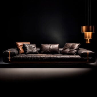 Exceptional WAYNE Enterprises WE-028 sofa crafted in Italy with rich brown leather upholstery and refined metal detailing