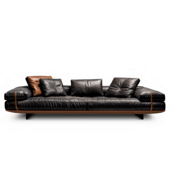 Exclusive Wayne Enterprises WE-028 sofa in dark leather with brown inserts and matte finish, including matching and contrasting cushions