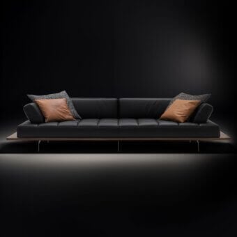Elegant WAYNE Enterprises WE-029 sofa with sleek black leather upholstery and speckled cushions built with a wood veneer base