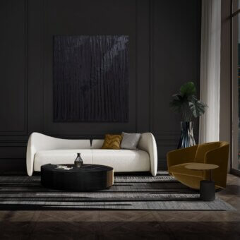 Distinguished WAYNE Enterprises WE-033 sofa with a curved silhouette and light-colored textured textile upholstery crafted in Italy