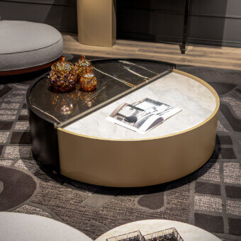 Distinguished Wayne Enterprises WE-034 coffee table with striking asymmetrical design and contrasting black and white marble top in lacquered wood