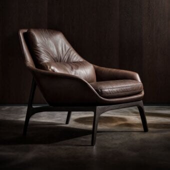 Distinctive Wayne Enterprises WE-053 lounge chair upholstered in rich brown leather with a dark-toned wood frame and curved angular forms
