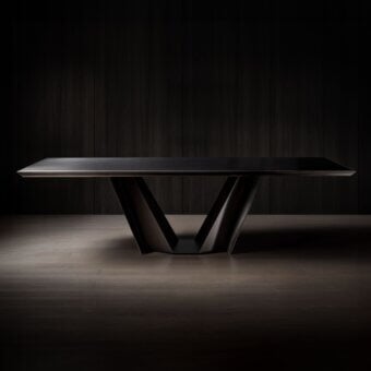 Wayne table, dark wood, rectangular tabletop with rounded edges and inverted V-shaped legs, studio shot with wood paneling.