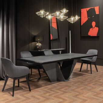 Distinguished Wayne Enterprises WE-060 table with luxury ceramic marble top and dark gray metallic lacquered pedestal base crafted in Italy
