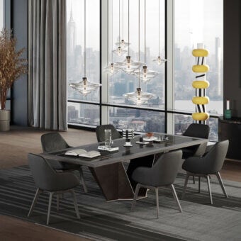Exclusive WAYNE Enterprises WE-060 table with ceramic marble top and wood veneer frame in dark finish with geometric metallic lacquered base