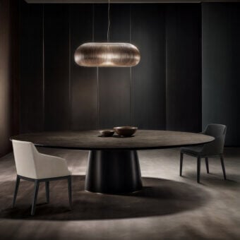 Wayne we 062 dining table, dark wood oval top, conical base, paired with gray fabric chairs and cylindrical pendant light in modern dining room.