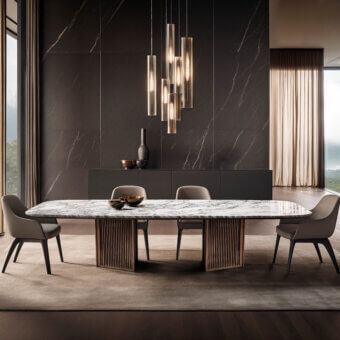 Oval marble dining table with ribbed wood base, surrounded by six grey chairs, in a room with grey tiled walls and brass chandelier.
