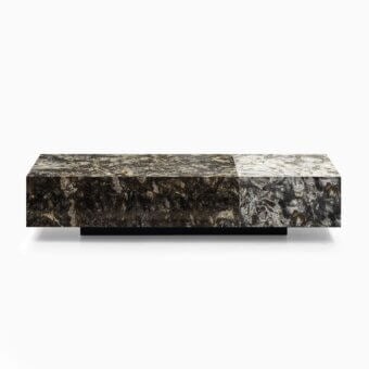Captivating WAYNE Enterprises WE-125 coffee table crafted with flamed marble in shifting brown, gray and beige tones with a black base