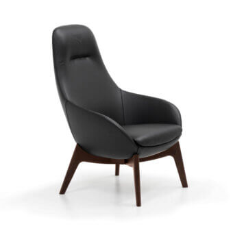 Superior WAYNE Enterprises WE-130 lounge chair with smooth dark leather upholstery and dark-stained wooden base