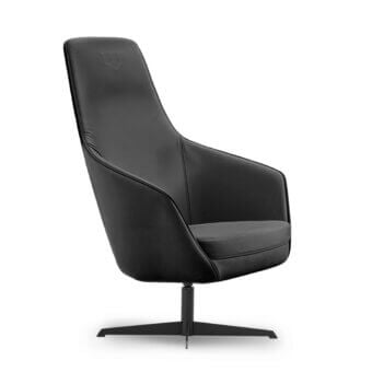 Distinguished WAYNE Enterprises lounge chair upholstered in sleek black textile with a central metal pedestal base crafted in Italy