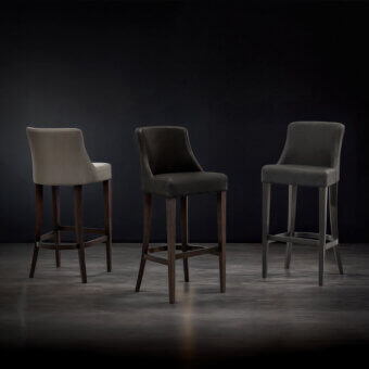 Wayne 141 stools, light gray fabric, dark brown leather, medium gray fabric, dark wood frame, curved backrest, tapered legs.