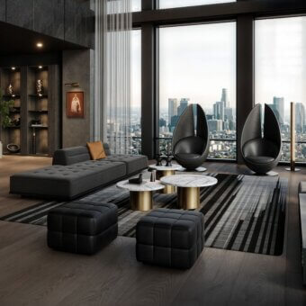 Exclusive Wayne Enterprises WE-145 ottoman upholstered in dark matte textile with lacquered base and tufted top