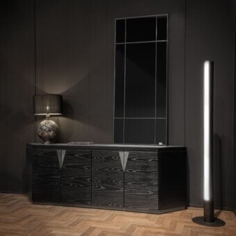 Distinguished Wayne Enterprises WE-148 sideboard with ceramic marble top and wood veneer frontal panels in dark gray finish