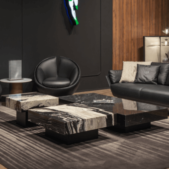 Elegant WAYNE Enterprises WE-159 coffee table with glossy black marble and white veining in a lacquered base