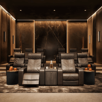 Home theater seating with dark brown leather recliners, Wayne side tables with wood-grain tops, marble wall panel, wood paneling, gray rug.