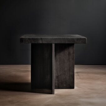 Side table, dark gray wood, square tabletop with textured finish and cross-bracing on rectangular base, displayed against gray wall.
