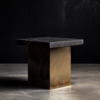 Wayne we 165 side table, dark gray marble top, block steel base with gradient finish, geometric lines, directional lighting.