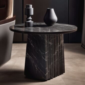 Marble side table, dark gray, circular tabletop with veining, fluted base, matte ceramic vessels, modern interior setting.