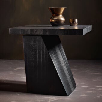 Side table, dark gray, rectangular tabletop with distressed wood texture and faceted angular base with metallic vase and bowl.
