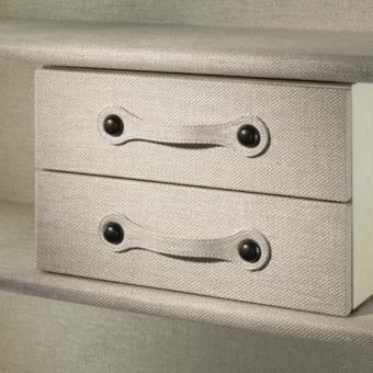 Alexander drawer unit, beige woven linen, two rectangular drawers with dark brown curved leather strap handles, minimalist studio shot.