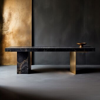 Marble console table, dark veined stone with gold accents, supported by brushed brass inverted T-shaped legs, against textured gold and gray walls.