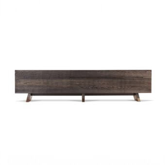 Superior Bellavista Madison sideboard crafted from walnut wood with brass feet and handles, exhibiting a matte finish and natural maple interior