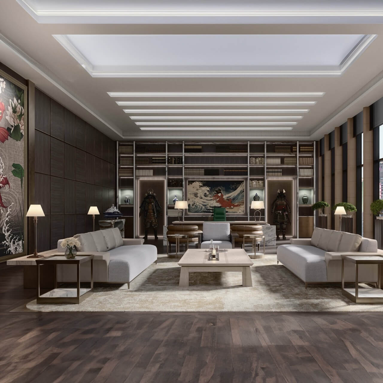 Lounge seating area with light gray sofas, dark wood tables, a textured rug, and built-in shelving displaying art, framed by dark wood paneling.