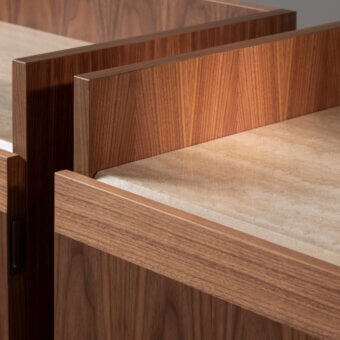 Distinguished Bellavista Sting sideboard in oak wood with a light beige, stone-like top and 45° assembly
